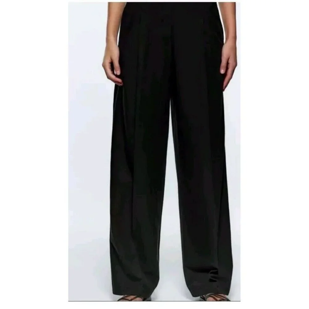 BNWT ZARA FULL LENGTH LINEN BLEND BLACK PANTS TROUSERS SIZE M 7385 490